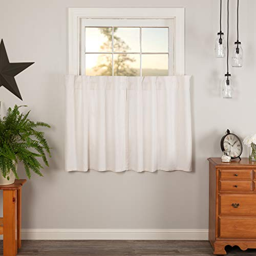 VHC Brands Simple Life Flax Solid Color Cotton Linen Blend Farmhouse Kitchen Curtains Rod Pocket Hanging Loops 36x36 Tier Pair, Antique White Light Creme