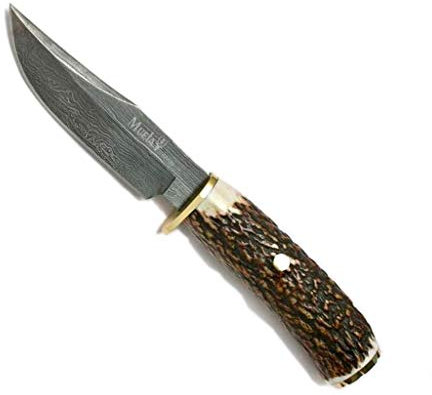 Muela Cuchillo de lujo BRACO-11DAM hoja de acero damasco de 11 cm y empuñadura de asta de ciervo para Caza, Pesca, Supervivencia y Bushcraft Realizado en Ciudad Real + Portabotellas de regalo