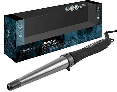 REVAMP Progloss Big Hot Wand, Ferro Arricciacapelli Conico in Ceramica con Tecnologia Ionica per Onde e Ricci Definiti, Infuso con Oli Protettivi, Diametro 32-19 mm, Temperatura 120°C-210°C, Nero