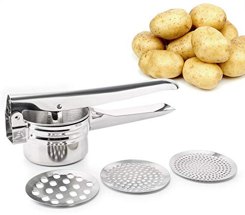 KUANDARMX Sicher Kartoffelpresse mit 3 Siebeinsätze, Muskatreibe und Kartoffelsack – Spülmaschinenfeste Presse aus Edelstahl für die Zubereitung von Kartoffelpüree, Klößen, Gnocchi Anwesend