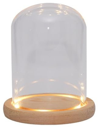Nynelly 9x12cm Cloche en Verre Décorative avec Base de lumières LED Bois Naturel, Ornement de Cloche en Verre