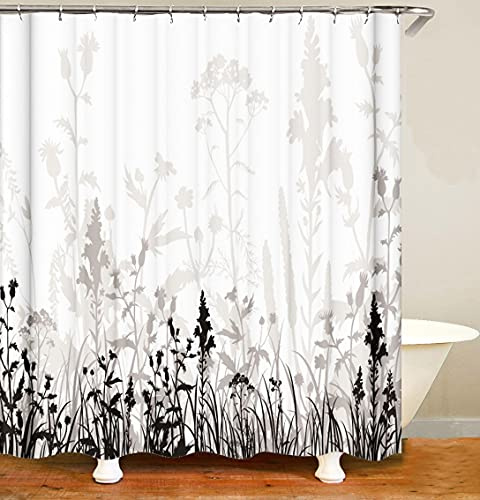 M&W DAS DESIGN duschdraperi svarta växter skugga textil gardin blad blommor färgbeständig antimögel tvättbar 12 C-ringar vikt nertill