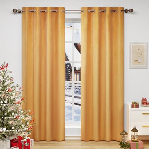 WOLTU Verdunklungsvorhang Blickdicht Samtvorhänge mit Ösen, 2 Stücke Thermogardine Ösenvorhang 300 g/m² Schwere Verdunkelungsgardinen lichtdicht für Schlafzimmer Wohnzimmer, 140x245 cm Senf