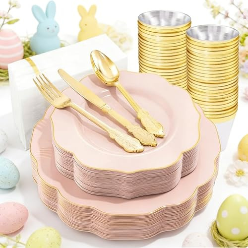 NOCCUR 175PCS Pink Plates with Gold Disposable Silverware - Include 50 Pink Plastic Plates,25 Knives,25 Forks,25 Spoons,25 Cups and 25 Napkins - Ideal for Party/Wedding/Mother's Day