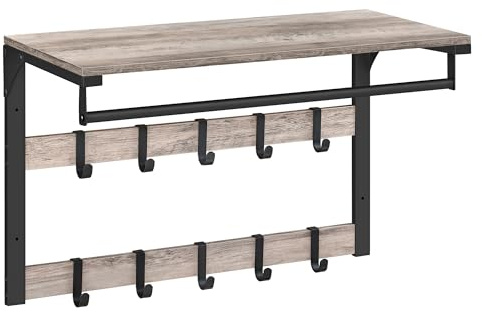 VASAGLE Wandgarderobe, mit Ablage, Wandregal mit 10 abnehmbaren Haken, Hängeregal, Wandmontage, 2 Garderobenleisten, Kleiderstange, für Flur, Schlafzimmer, Badezimmer, greige-schwarz LCR101B02