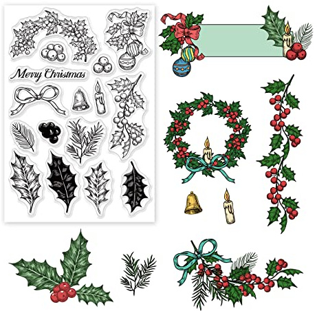 BENECREAT Transparente Stempel Mit Frohe Weihnachten-Thema, Stechpalmenblatt/Kiefernnadel/Kerze/Glocke/Bogenmuster, Transparente Gummistempel Für Papierkarten, Fotoalben, Bastelbedarf