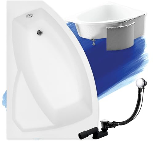 BADLAND Badewanne Original Weiß Acryl Wanne Eckbadewanne RIMA 170x110 Links KOMPLETTSET SET mit Premium Styroporverkleidung + Füßen und Exklusive Chrom Automatik Ablaufgarnitur Made in EU 4in1