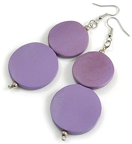 Orecchini pendenti lunghi 80 mm, colore viola lilla, con doppia perlina in legno rotonda, Misura unica, Legno