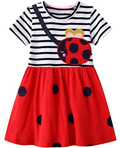 Flickklänningar, T-shirtklänning långärmad och kort bomull ledig flickklänning tecknad djur blommor mönster klänning för flickor prinsessklänning, Ur1# tecknad film, 6-7 år