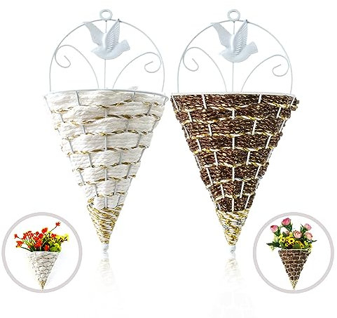 Suuwwn Hängende Töpfe,2 Pcs Blumentopf Aufhängeset Hängender Pflanzentopf Wandvasen mit gewebtem Hängende Vertikale Eisen Art Blume Topflappen Hängender Korb für Garten Balkon Wanddekoration (Weiß)