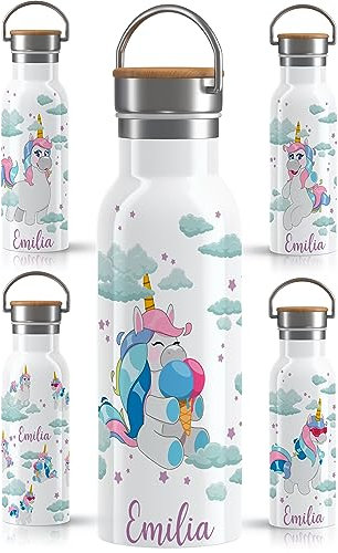 OWLBOOK Einhorn mit Eis personalisiert Kinder Einhorn Mädchen Edelstahl mit Strohhalm - Thermosflasche 600 ml BPA frei Auslaufsicher - Kindertrinkflasche für Schule Kindergarten Sport & Outdoor