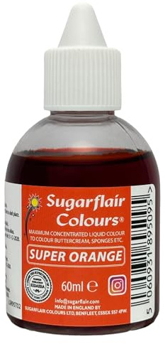 Sugarflair Liquid Colour Lebensmittelfarbe Flüssig, Super Orange, 60 ml | Leistungsstarker flüssiger Farbstoff, Hochkonzentrierte Lebensmittel Farbe zum Färben von Fondant, Glasur, Teig und Cremes