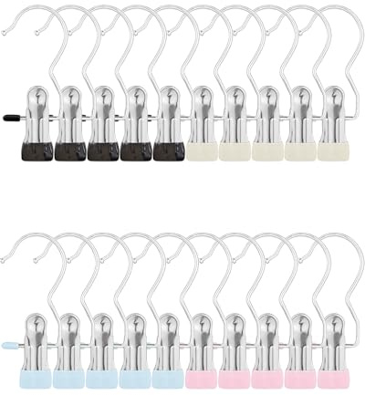 BINCKIN Wäsche Haken Satz 20 Stück - Klemmhaken Edelstahl, rutschfest Kleiderbügel Clips für Kleidung, Handtuch Aufhänger, Klammerhaken für Hosen Schuhe Handtuch (Beige, Blau, Schwarz, Rosa)