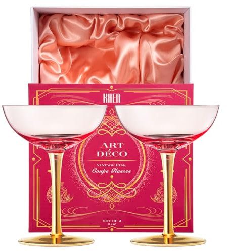 The Wine Savant Colored Coupe Art Deco Glasses, Gold | Set of 4 | 12 oz Classic Cocktail Glassware for Champagne, Manhattan, Sidecar, Crystal Speakeasy Style Goblets - Pink Rose Blush