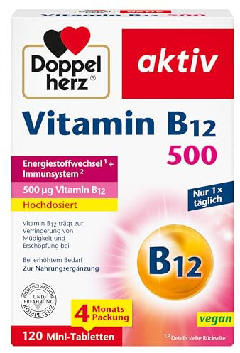 Doppelherz Vitamin B12 500 - Hochdosiert mit 500 µg Vitamin B12 pro Tablette - vegan - 120 Mini-Tabletten