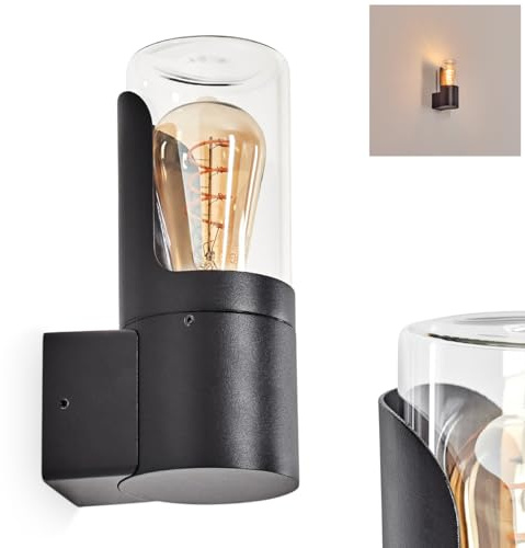 Außenwandleuchte Morbak, Außenleuchte aus Metall/Glas in Schwarz/Klar, moderne Wandlampe 1-flammig für Terrasse/Hof/Eingangsbereich, 1 x E27, ohne Leuchtmittel, IP44
