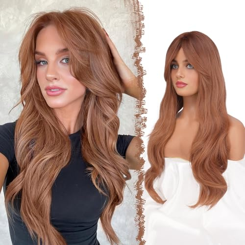 FESHFEN Lange Perücken mit Pony, Geschichtete Perücke für Damen Frauen Natürliche Synthetik Haare Layered Perucken für Tägliche Party Cosplay, 65 cm Dunkel Orange