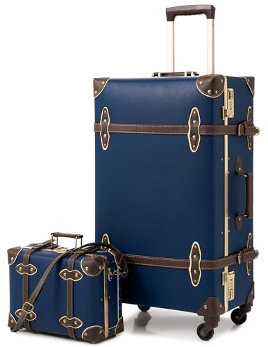 Urecity Koffer Vintage mit 4 Rollen Trolley Koffer Reisekoffer Leicht Retro Hartschalen Koffer 2-Teilig mit 12 Zoll Kleines Köfferchen (Blau, S(12)+L(26))