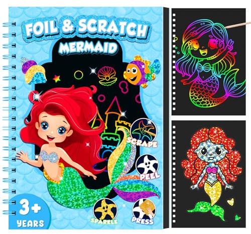 CutteeyFyry Folienspaß FüR Kinder,Meerjungfrau Folienspaß &Scratch Painting Kunst Set 2-In-1,Foil Art Bastelset FüR Kinder Alter 3-10,Geburtstag Weihnachten Reise Spielzeug Geschenk FüR MäDchen