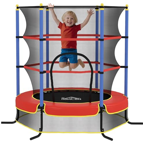 HOMCOM Trampoline Enfant Ø 1,75 × 1,90H m Filet de sécurité Porte zippée Couvre-Ressorts 6 poteaux rembourrés Inclus Noir Rouge Bleu