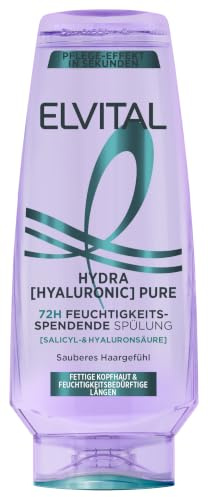 L'Oréal Paris Elvital Feuchtigkeitsspendende Spülung für fettige Kopfhaut und feuchtigkeitsbedürftige Längen, Mit Salicylsäure und Hyaluronsäure, Hydra Hyaluronic Pure, 6 x 250 ml