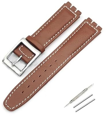 TVKSIPAR Bracelet en cuir de 17mm for Swatch Lychee, Bracelet de montre for hommes et femmes, accessoires de remplacement, boucle en métal(Brown white silver)