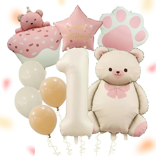 ALEGRE Bär Geburtstagsdeko 1 Jahr Mädchen, Deko 1. Geburtstag Mädchen Junge mit Kuchen Folienballon, Deko 1 Geburtstag Junge Set mit Zahl 1 Ballon und Bären Luftballon,Erster Geburtstags Deko Geschenk