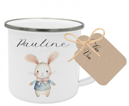 Manufaktur Liebevoll Namenstasse Kinder Kindertasse Personalisiert Emaille Tasse Mädchen Junge Geschenk Hase Ostern Becher
