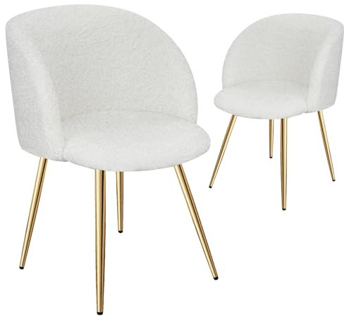 HOMELUX Esszimmerstuhl 2er Set, Teddy Sessel, Schminktisch Stuhl, Polsterstuhl mit Armlehnen & Golden Metallbeine, für Wohnzimmer, Esszimmer, Schminktisch, Weiß