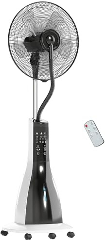 HOMCOM Ventilatore Nebulizzatore con Serbatoio da 3L, 3 Modalità e 3 Velocità, Ventilatore a Piantana con Ruote, Oscillazione 75°, Inclinazione 15°, Timer 7.5h, Display LED e Telecomando, 90W, Ø50cm