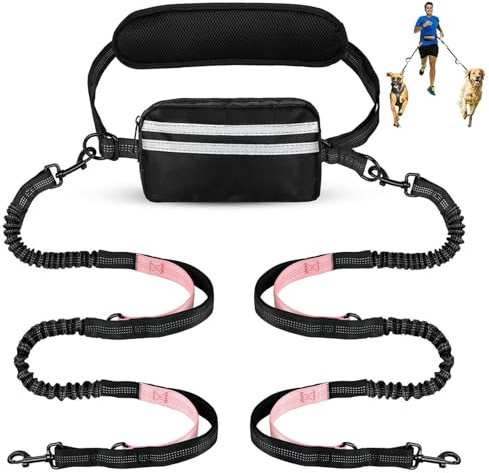 Risipu Guinzaglio per 2 cani a mani libere, cintura regolabile in vita con custodia e supporto per la vita, cuciture elastiche riflettenti per corsa, passeggiate, jogging (rosa)