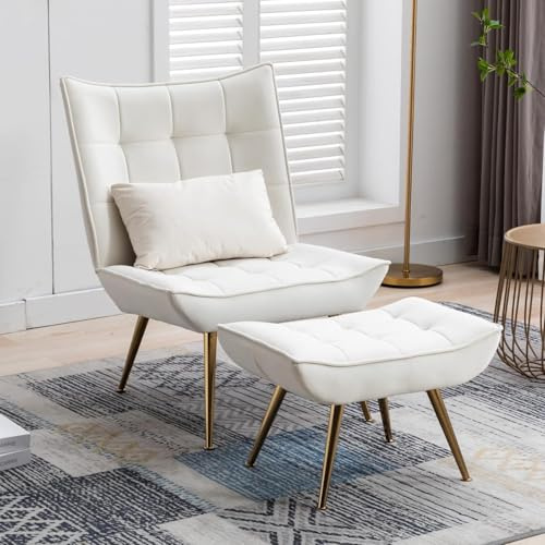 DAYALANE Fauteuil Salon Relax avec Repose-Pieds Chaise Scandinave Confortable avec Oreiller Lombaire Chaise Rembourée en Velours pour Salon Chambre, Beige