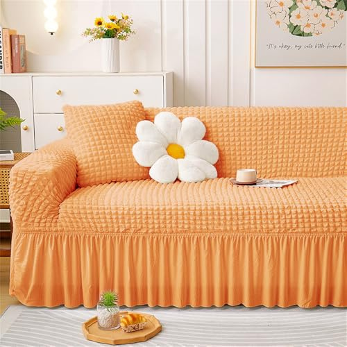 Surwin Funda Sofá 1 2 3 4 Plazas con Volantes Verano Funda de Sofá Ajustables Elásticas Cubre Sofa Color sólido Universal Fáciles de Instalar Cubresofa para Sillón (Naranja,3 Plazas)