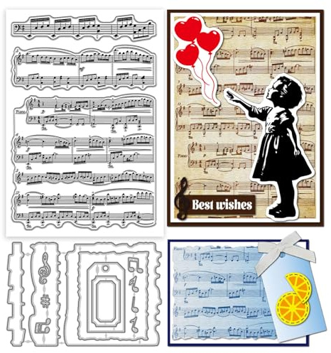 GLOBLELAND Vintage Sheet Music Background Clear Stamps and Metal Die Cuts Musical Notes Transparent Stamp Tag Frame Cutting Dies for Card Making Embossing Scrapbooking