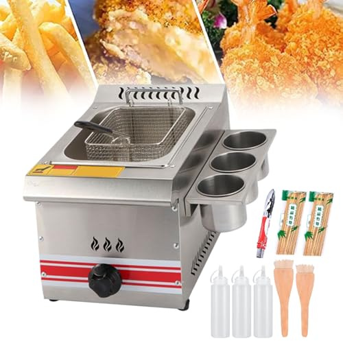Friggitrice commerciale a gas, in acciaio inox, 10 l, per snack bar e ristoranti, con potenza di fuoco regolabile, griglia per condimenti e bottiglie di salsa