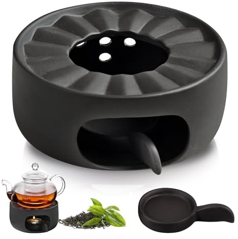 Stövchen für Teekanne Keramik, Keramik Stövchen, Teewärmer Kaffeewärmer mit Herdmatte, Teekanne Teekannenwärmer, Hohl Geschnitztes Design für Wärmeerhaltung von Tee Kaffee Milch (Dunkelgrau)