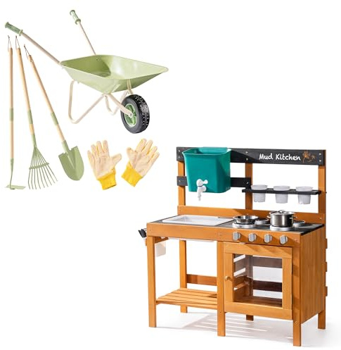 ROBOTIME Mud Kitchen & Kids Wheelbarrow Set, Wooden Sensory Play Kitchen with Real Water Sink, Pots & Gardening Tools + 5PCS Metal Kids Wheelbarrow Gardening Tool Set for Creative Outdoor Play