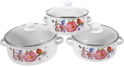 NUOBESTY Vintage Enamel Cooking Pot Set 2-Handle Mini Stew Pots with Lid, Wear-Resistant Household Soup Stockpots for Home Kitchen Cooking and Portable Use