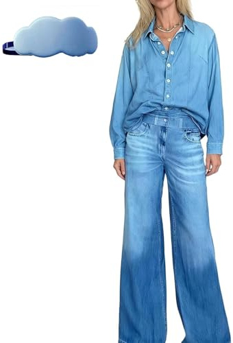 muzoira Dam denim dröm pyjamas set, mjuk stretch loungekläder avslappnade vida ben byxor, knapp framtill med fickor, XS till 5XL, En färg, 5XL