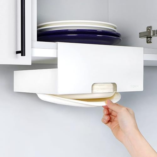 Dogorow Paper Plate Dispenser 10 Inch – Heavy Duty Steel Under Cabinet Plate Holder & Organizer, Durable Metal Rack, Space-Saving Kitchen Storage, No-Drill Adhesive Mount – White