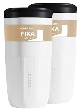 Wessper Vaso reutilizables de 400 ml, Taza con Tapa para Bebidas Calientes y Frías, para Llevar, Cabe en el Portavasos del Coche, Sustituta de los Envases Desechables - 2 Unidades - Blanco | Taza para bebidas calientes y frías, para llevar y cabida en el portavasos del coche