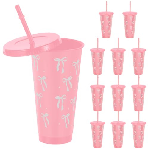 Jokapy 12 st. plastmuggar med lock och sugrör, 710 ml, återanvändbar festmugg med söt rosett, plastmugg, dryckesbägare för fest, födelsedag, bröllop, resor