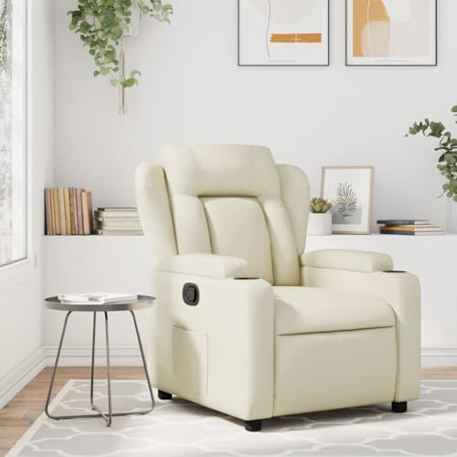 SooIarix Relaxfåtölj gräddvit konstläder, manuellt justerbar, 135° lutning, med mugghållare och sidoficka, 110 kg lastkapacitet, för vardagsrum och sovrum
