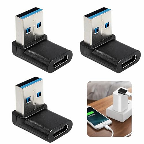 SEASJHBAY 3 Pcs Adaptador USB C a USB, Cable Adaptador USB C Macho a USB A Hembra Ángulo Recto 90 Grados 10Gbps Dato Transferencia, Adaptador en Ángulo USB-C Macho a USB-A para Laptop, PC, Smartphone