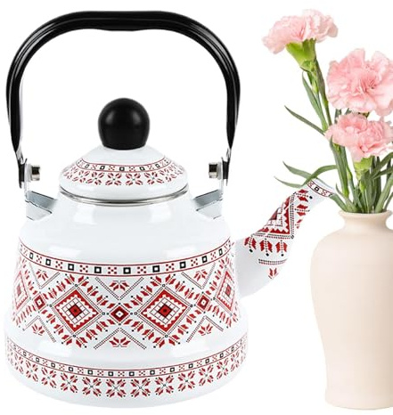 Flöjtpanna - emalj 2,5 l | Retro emalj Teepot | Vintage emalj Vattenkokare för Hem Kök Sovsal Lägenhet Picknick Camping Trädgård