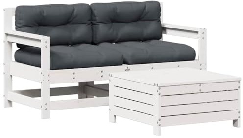 XHNIFBN 3-TLG. Garten-Lounge-Set aus massivem Kiefernholz, Modulare Gartenmöbel-Garnitur mit bequemen Kissen in Anthrazit, Gartensofa und Hocker für Terrasse, Balkon und Garten, Weiß