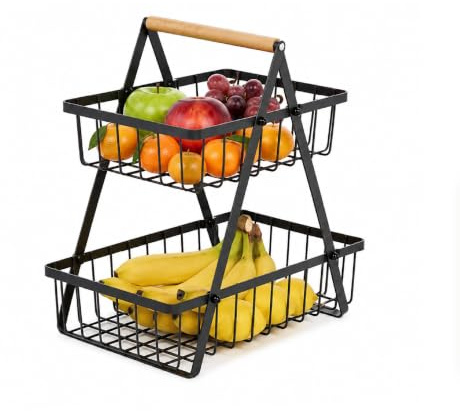 Amig - Frutero 2 Niveles STILO04-30 x 18,4 x 32 cm - Acero y Bambú - Color Negro y Madera Natural - Frutero Vertical con 2 Cestas Desmontables para Encimera - Organizador Cocina