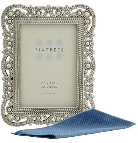 Sixtrees Antique Vintage and Shabby Chic Style silver metal photo frame with beads and crystals for a 3.5 x 2.5 (64 x 89mm) picture - Louisa Complete with our microfibre polishing cloth