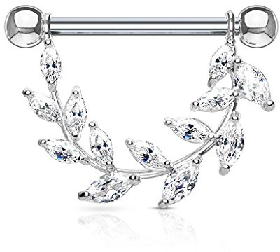 Autiga Brustwarzen Piercing Nippelpiercing Brustpiercing Blatt Blätter Zweig Zirkonia Kristalle Silber