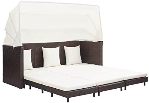 TEWTX7 Poly Rattan Ausziehbares 3-Sitzer-Schlafsofa mit Dach Rückenkissen und Sitzpolster Rattansofa Gartensofa Loungesofa Zusammengeklappt Schlafsofa Pulverbeschichteter Stahlrahmen Sofa Gartenmöbel